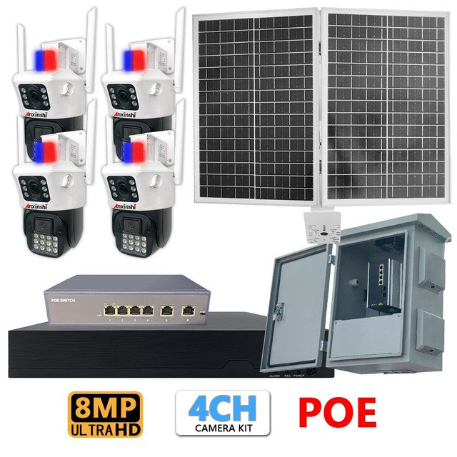 Abundant Solutions Anxinshi New Solar Security Camera System 4CH POE Solar Wifi System with Dual Lens IP Camera with NVR 24 Hours Recording System