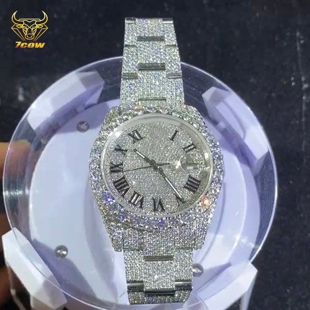 Abundant Solutions Classic Hip-Hop Silver Moissanite Automatic Watch Sapphire Iced Out Diamond Watch Stainless Steel Mechanical Watch for Men.