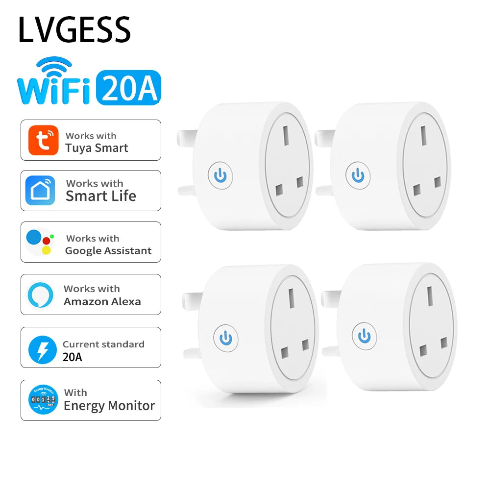 Abundant Solutions 20A Tuya Smart Socket WiFi UK Plug 3pin Adapter Home Alexa Voice Control With Energy Monitering Timer Function Power Outlet Set