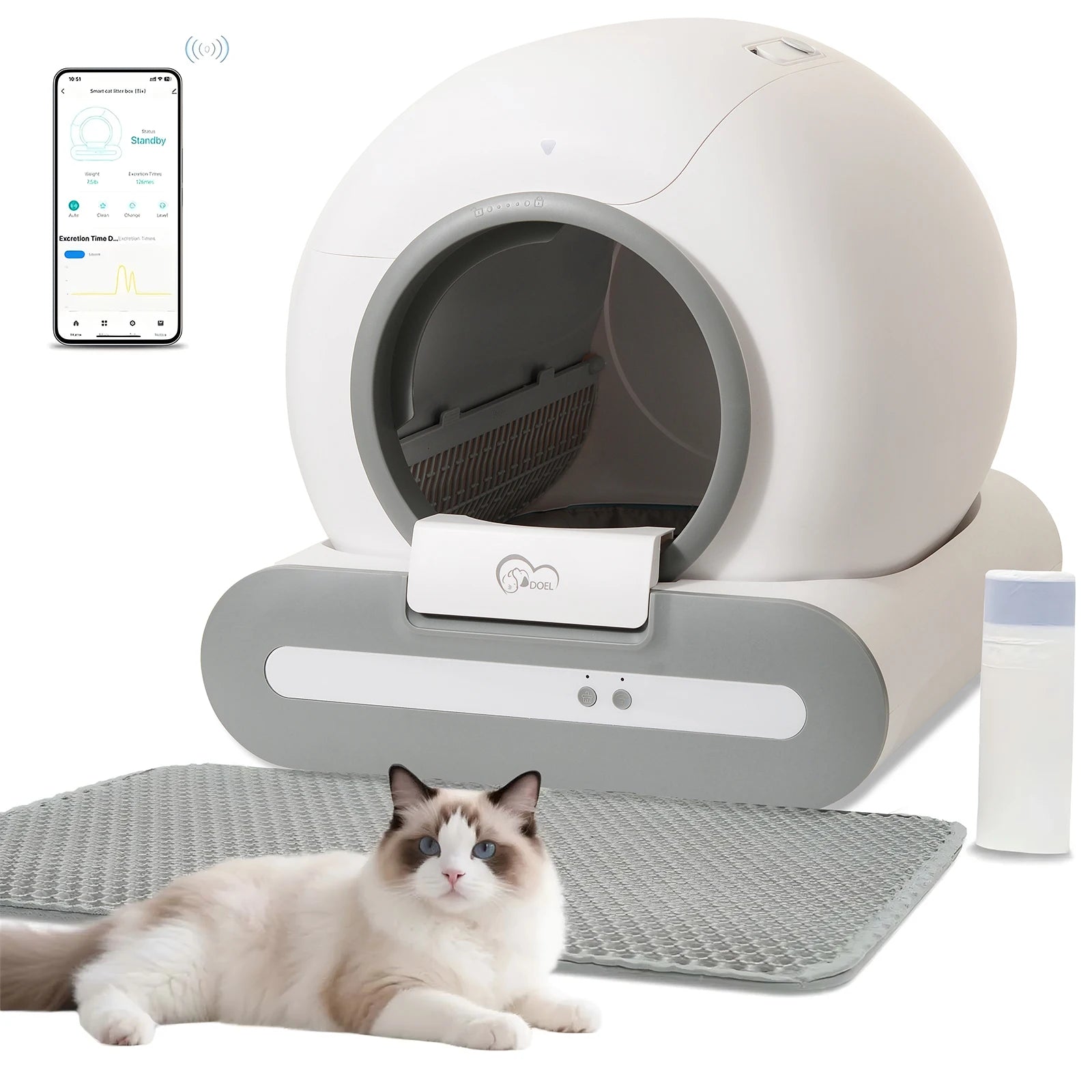 Abundant Solutions DOEL 65L Self-Cleaning Cat Litter Box App Control, ONLY Supports 2.4G WiFi w/Litter Mat&Trash Bags, Fit for Tofu & Mixed Litter